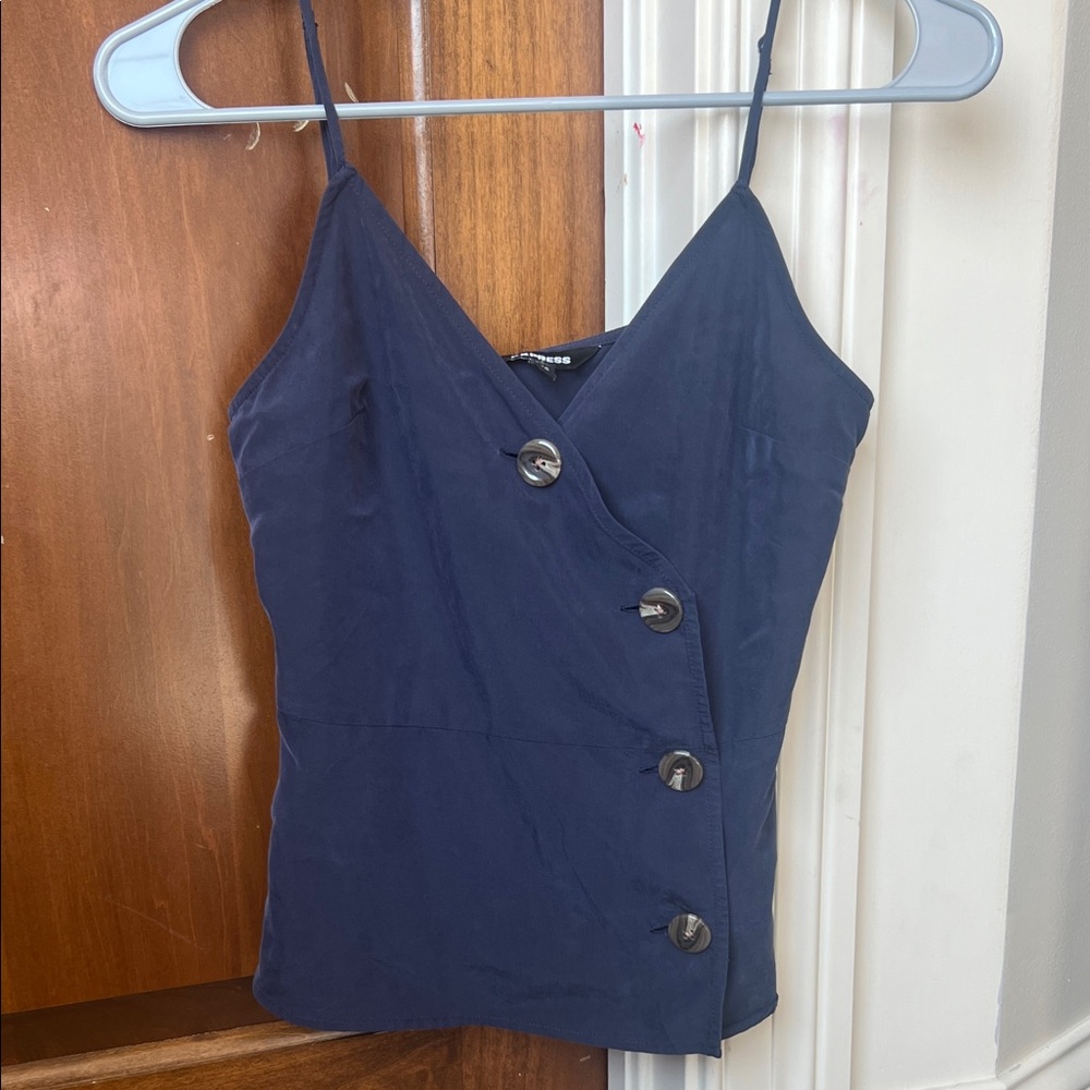 XS NWOT Express Dusk Blue Spaghetti Strap Camisole with Buttons peplum fit